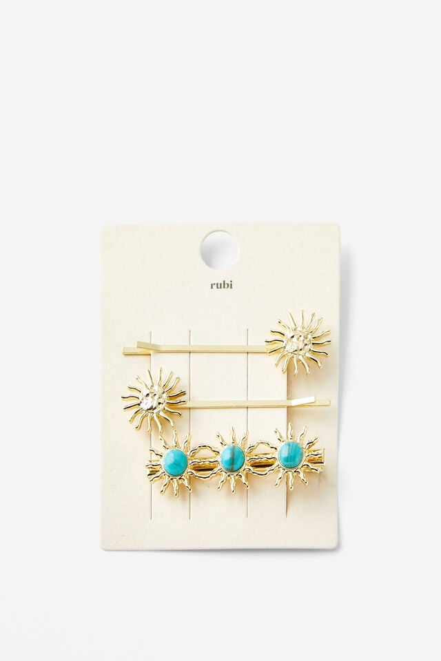 Cotton On Amelia Hair Clip Gold Sun/turquoise