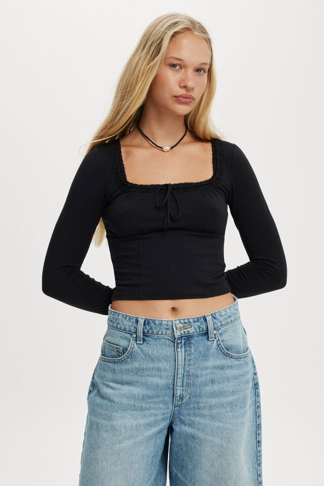 cotton on Annie Lace Tie Long Sleeve black