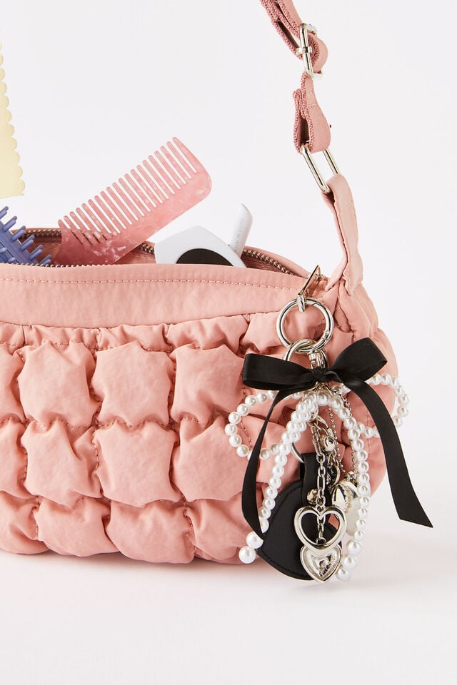 Cotton On Bag Charm Pearl Bow Silver Heart