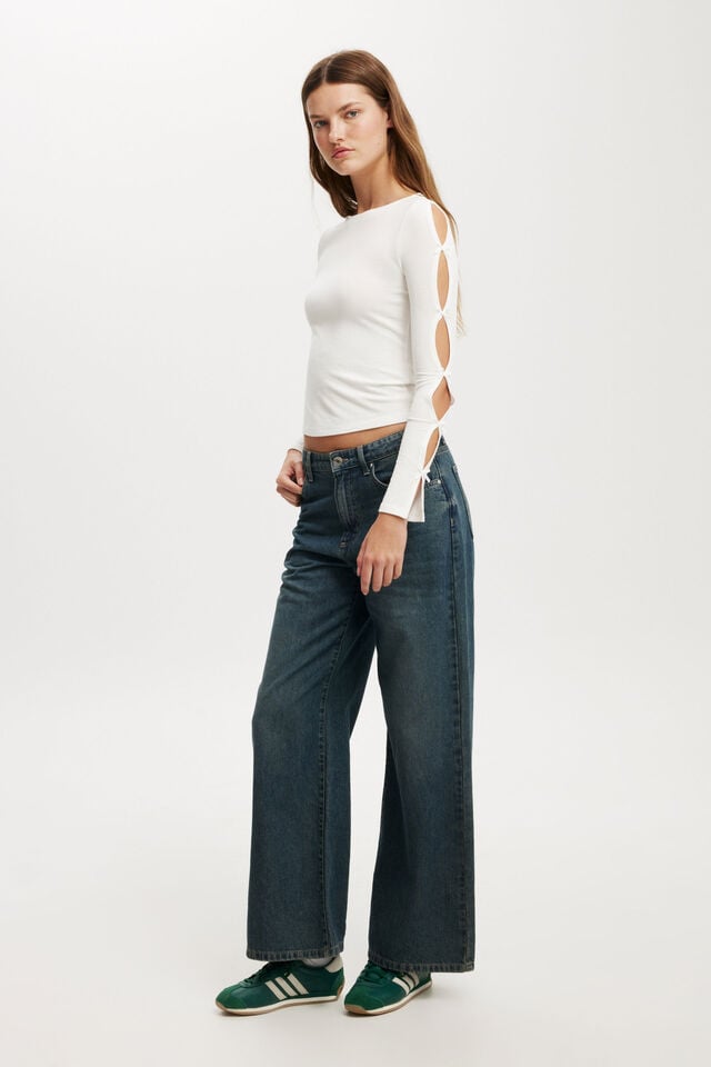 Cotton On Bow Detail Long Sleeve Top Vintage White