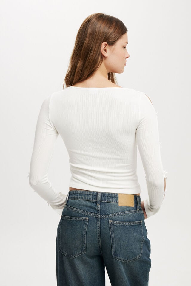 Cotton On Bow Detail Long Sleeve Top Vintage White