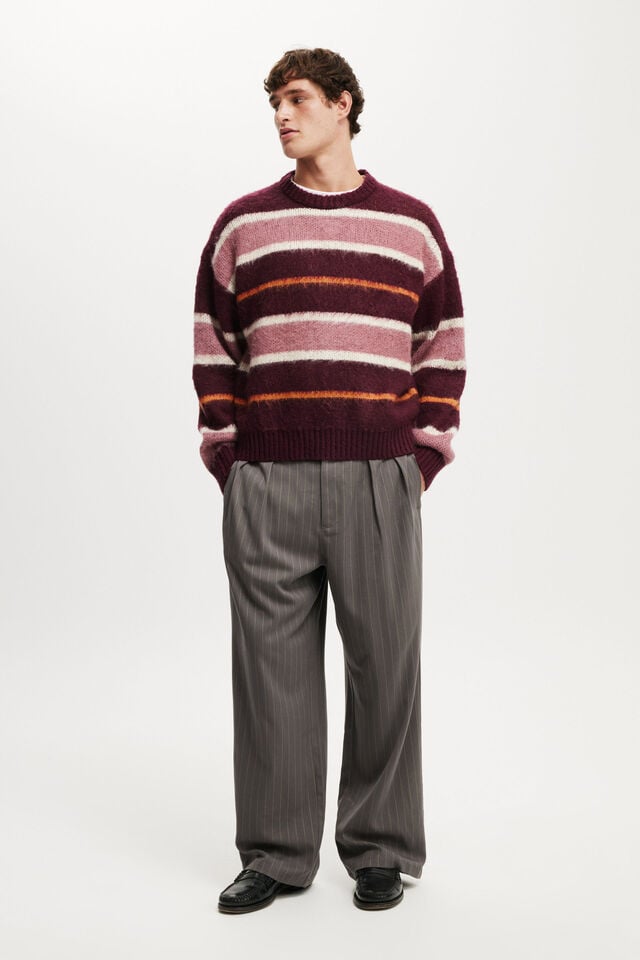 Cotton On Box Fit Fuzzy Crew Knit Berry Stripe