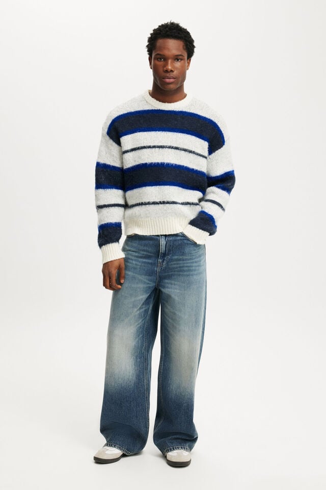 Cotton On Box Fit Fuzzy Crew Knit Blue Stripe