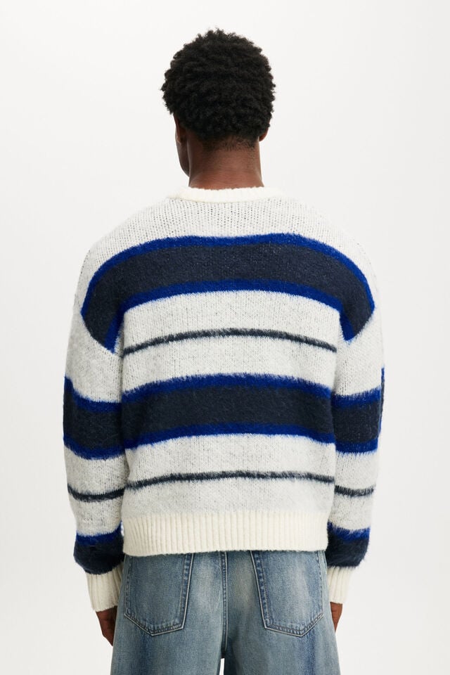 Cotton On Box Fit Fuzzy Crew Knit Blue Stripe