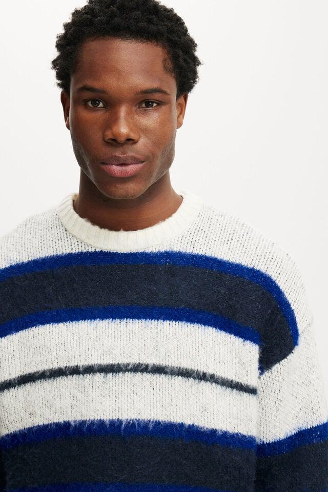 Cotton On Box Fit Fuzzy Crew Knit Blue Stripe