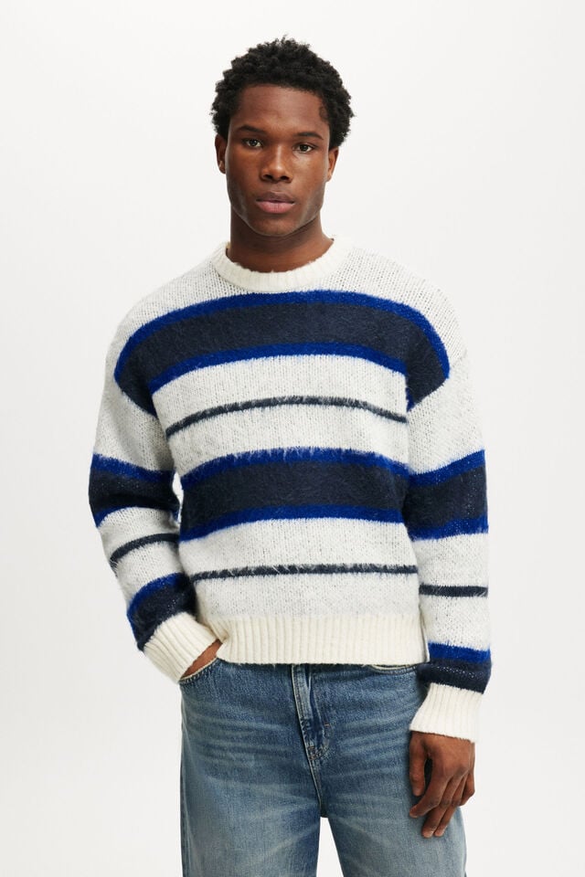 Cotton On Box Fit Fuzzy Crew Knit Blue Stripe
