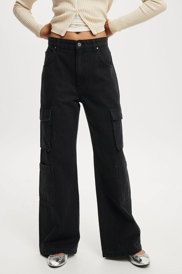 Cotton On Cargo Wide Leg Jean Graphite Black