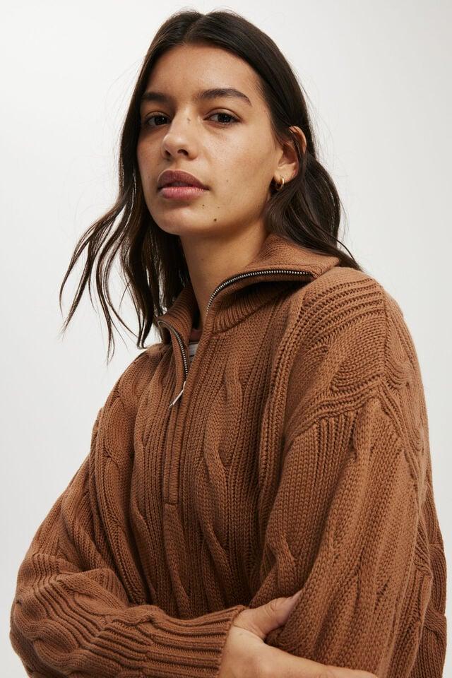 Cotton On Cotton Cable Half Zip Pullover Walnut