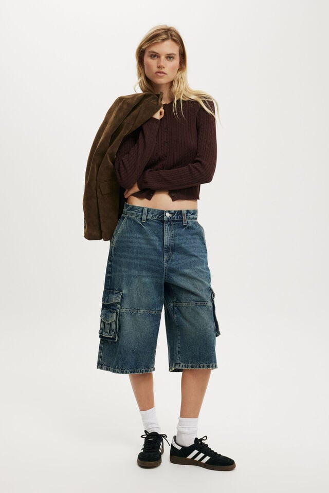 Cotton On Cotton Crew Neck Cardigan Dark Oak