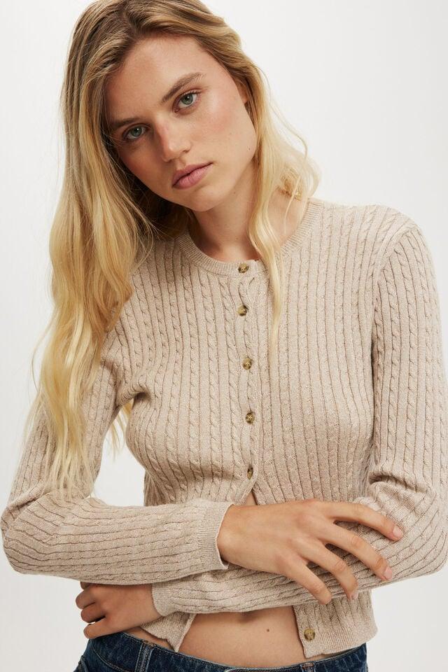 Cotton On Cotton Crew Neck Cardigan Oatmeal Cable