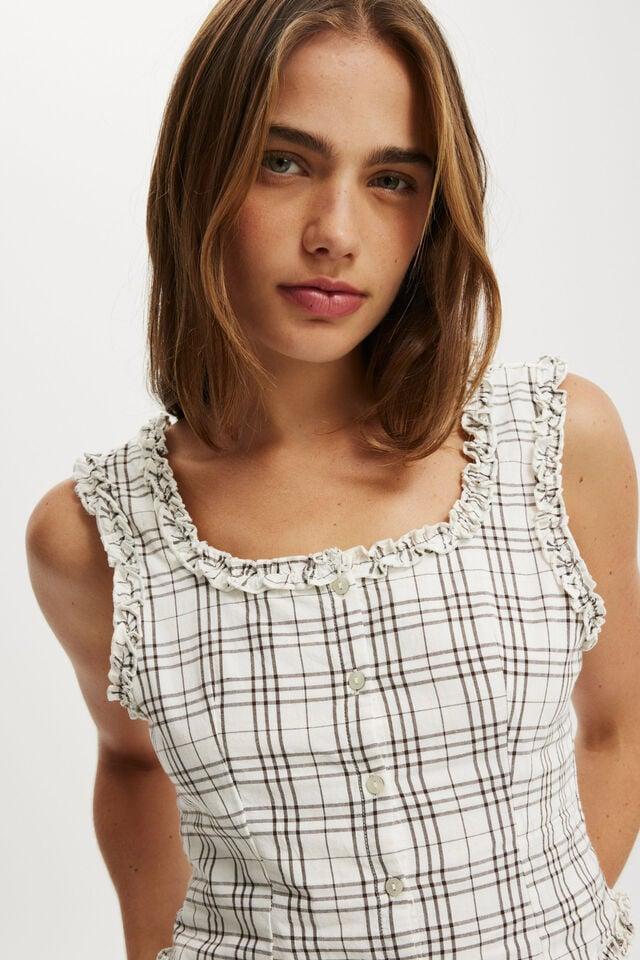 Cotton On Emily Ruffle Top Bethany Check Brown