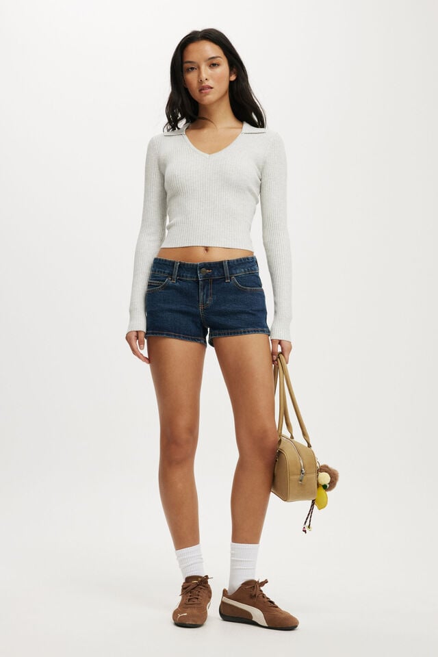 Cotton On Everfine Rib V-Neck Polo Grey Marle