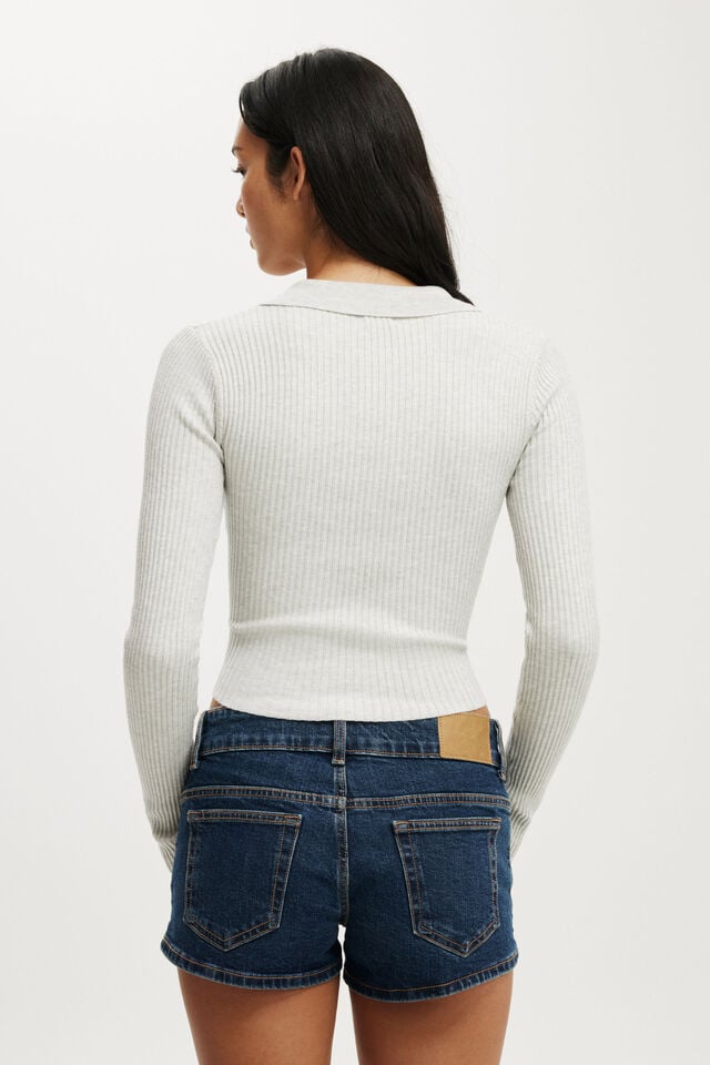 Cotton On Everfine Rib V-Neck Polo Grey Marle