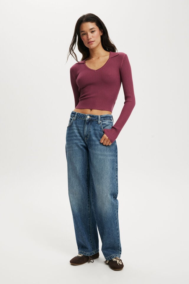 Cotton On Everfine Rib V-Neck Polo Rich Plum