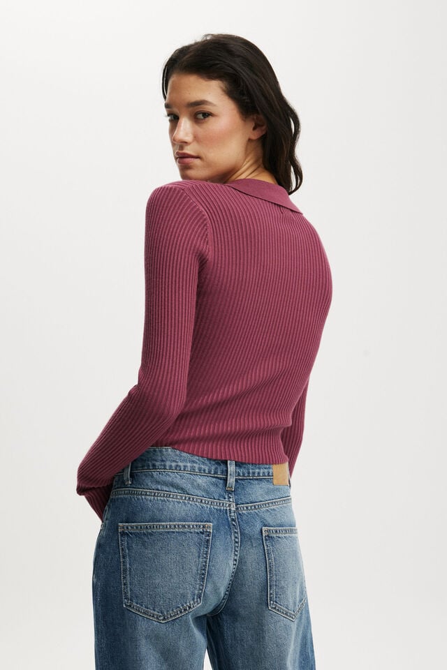 Cotton On Everfine Rib V-Neck Polo Rich Plum