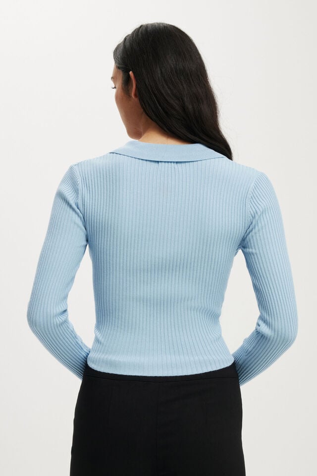 Cotton On Everfine Rib V-Neck Polo Serene Blue