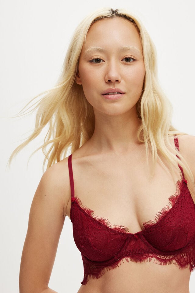 Cotton On Eyelash Lace Underwire Bra Deep Red