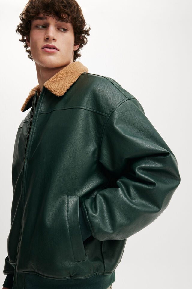 Cotton On Faux Leather Flight Jacket Dark Emerald