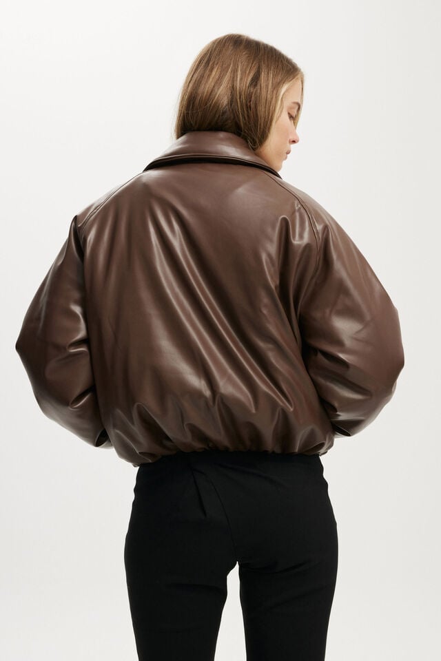 Cotton On Faux Leather Puff Bomber Dark Oak