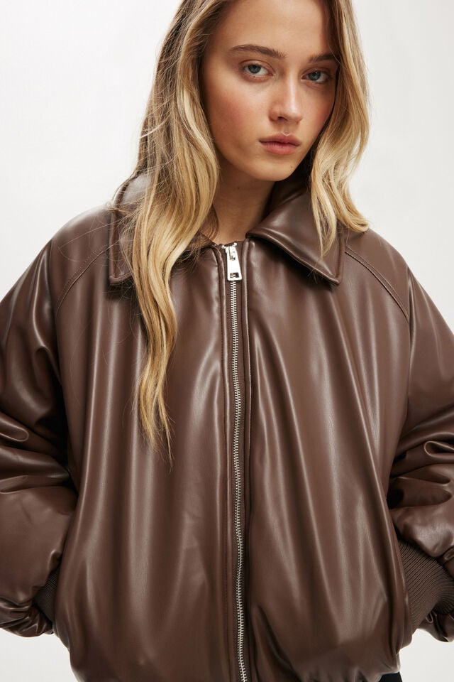 Cotton On Faux Leather Puff Bomber Dark Oak