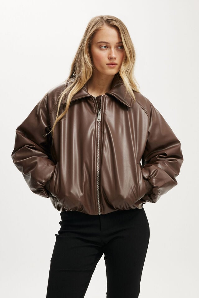 cotton on Faux Leather Puff Bomber dark oak