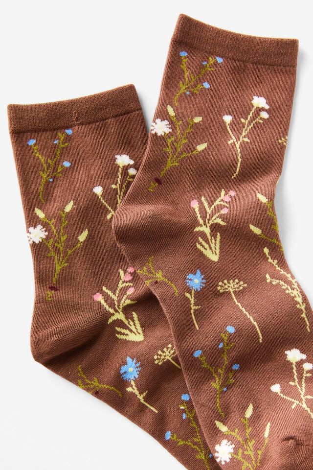 Cotton On Floral Crew Sock Texas Brown