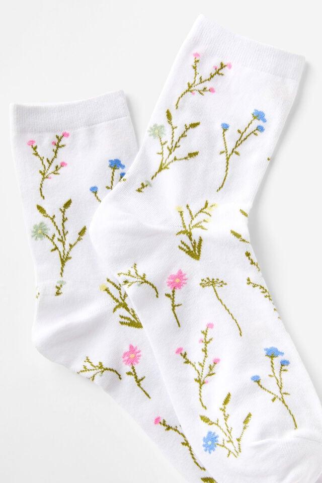 Cotton On Floral Crew Sock White