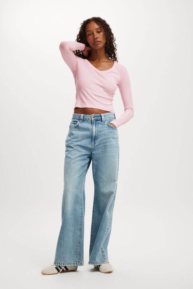 Cotton On Goldie Rib V Neck Long Sleeve Babydoll