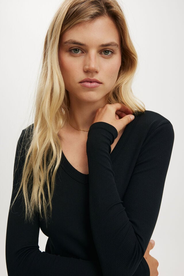 Cotton On Goldie Rib V Neck Long Sleeve Black