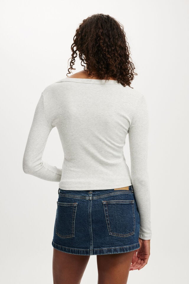 Cotton On Goldie Rib V Neck Long Sleeve Grey Marle