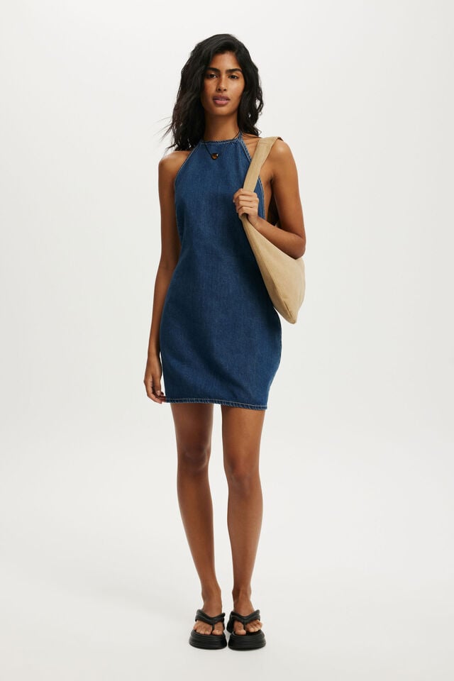 Cotton On Halter Denim Mini Dress Grotto Blue