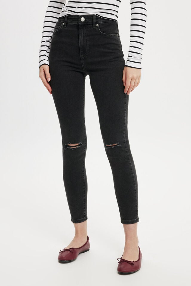 Cotton On High Rise Skinny Jean Graphite Black Rip