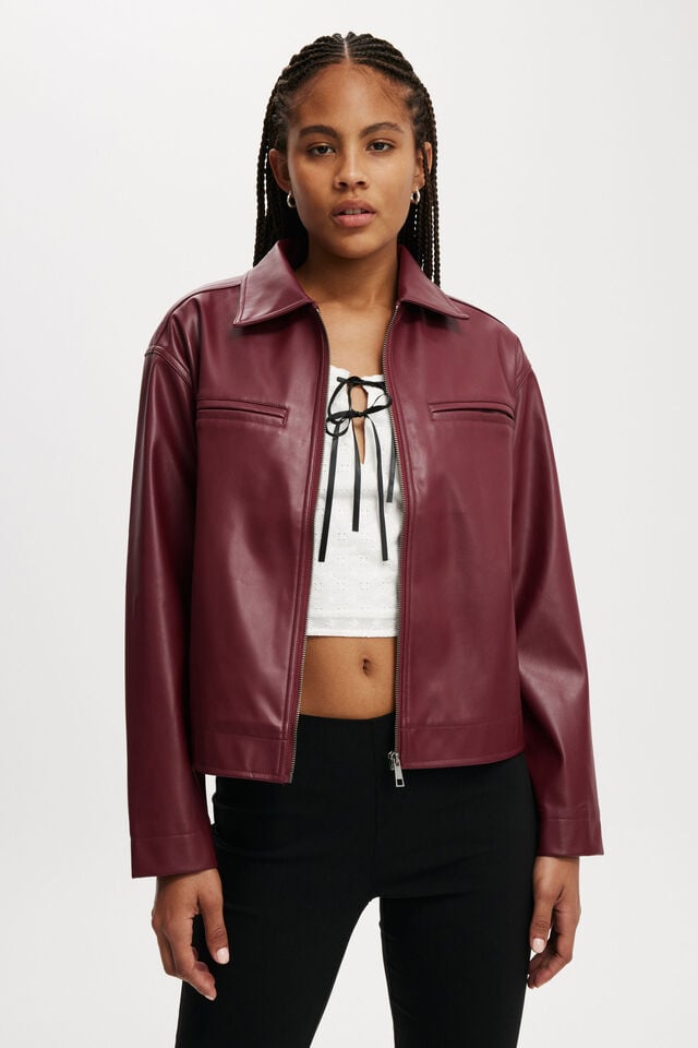 cotton on Ivy Faux Leather Jacket deep cherry