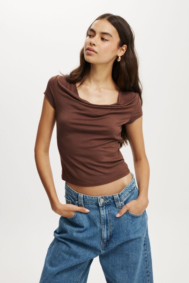 cotton on Jordie Cowl Neck Short Sleeve chocolate