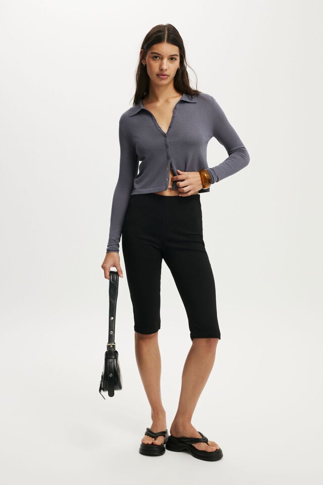 Cotton On Knit Button Polo Long Sleeve Slate Grey