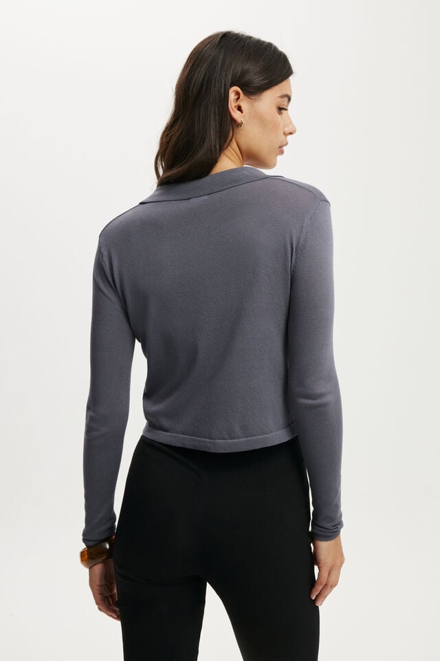 Cotton On Knit Button Polo Long Sleeve Slate Grey