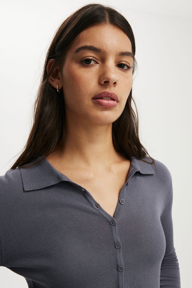 Cotton On Knit Button Polo Long Sleeve Slate Grey