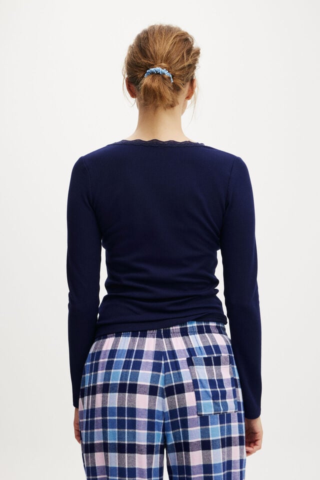 Cotton On Lace Trim Long Sleeve Navy Vision Waffle