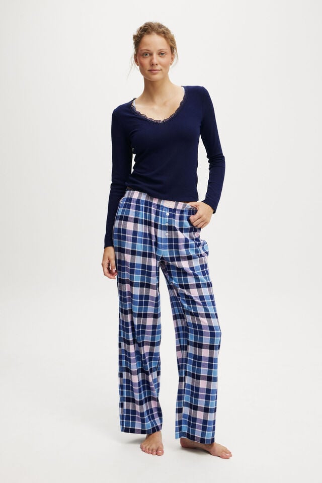 Cotton On Lace Trim Long Sleeve Navy Vision Waffle