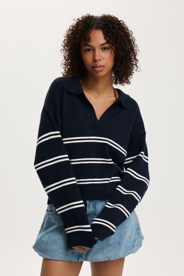 Cotton On Luxe Collar Sweater Navy Stripe