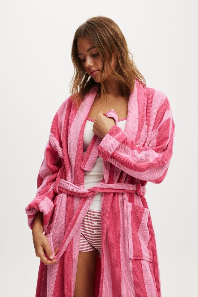 Cotton On Luxe Terry Robe Pink Claudia Stripe