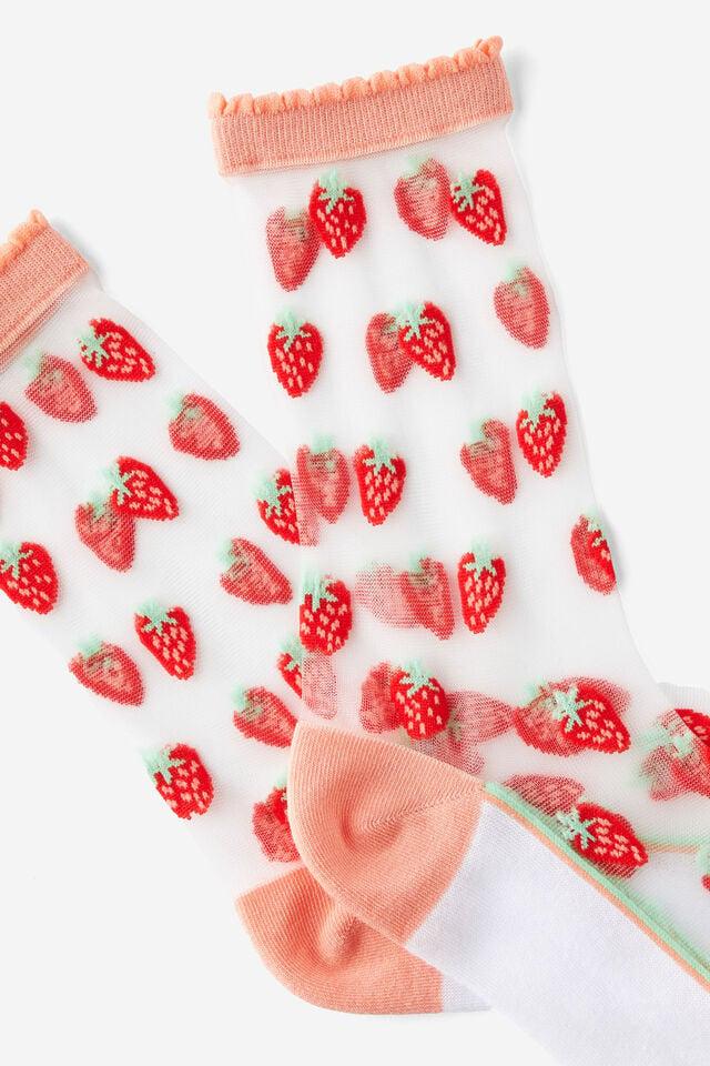 Cotton On Mesh Crew Sock Strawberries/frill
