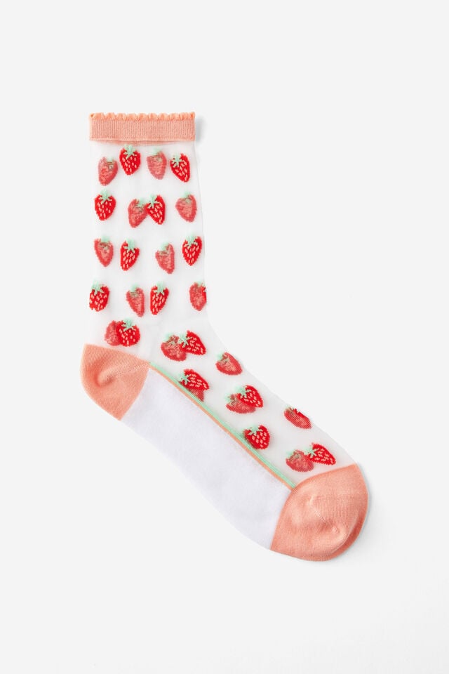 Cotton On Mesh Crew Sock Strawberries/frill