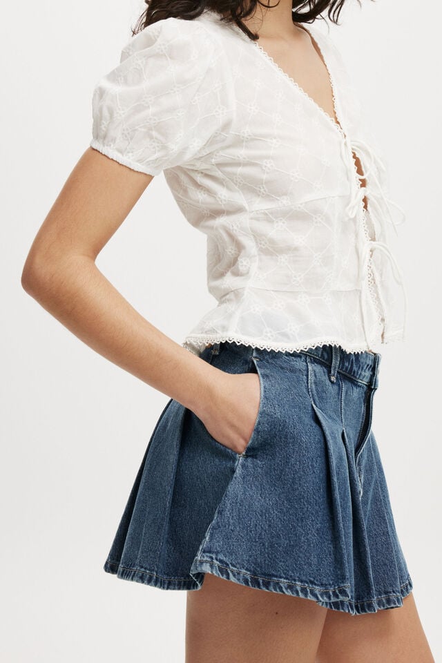 Cotton On Pleated Denim Mini Skirt Blue Dusk