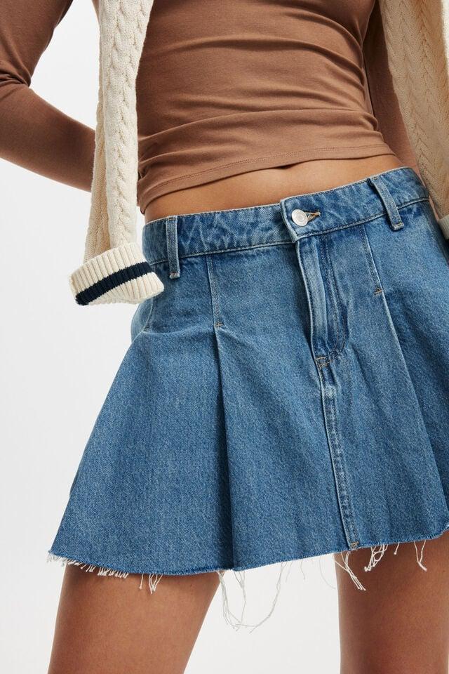 Cotton On Pleated Denim Mini Skirt Blue Haze
