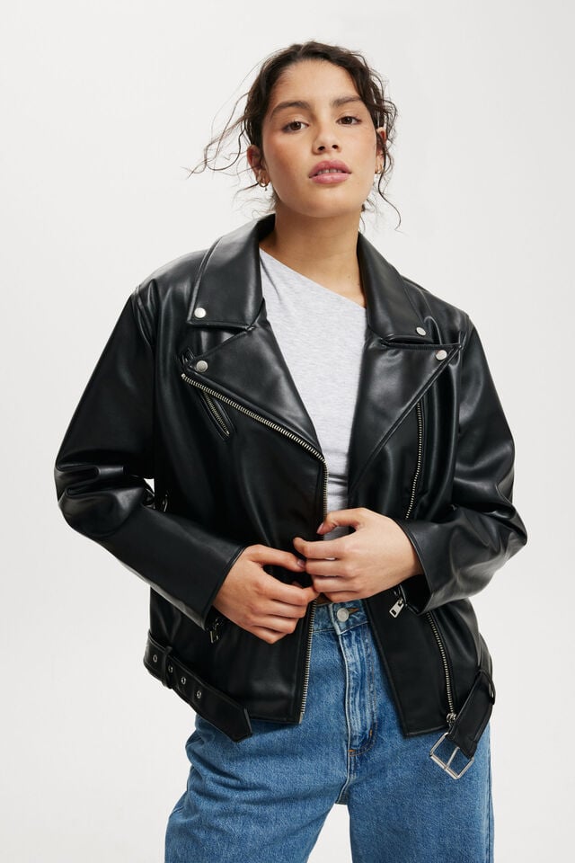 Cotton On Roman Faux Leather Biker Jacket Black