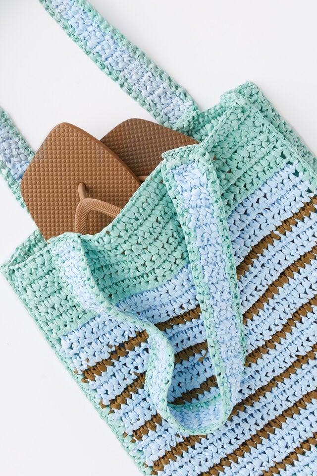 Cotton On Sierra Woven Tote Bag Mint/choc Stripe