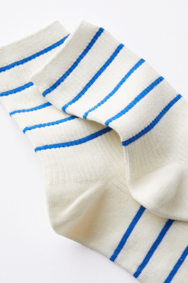 Cotton On Stripe Ribbed Crew Sock Ecru/blue