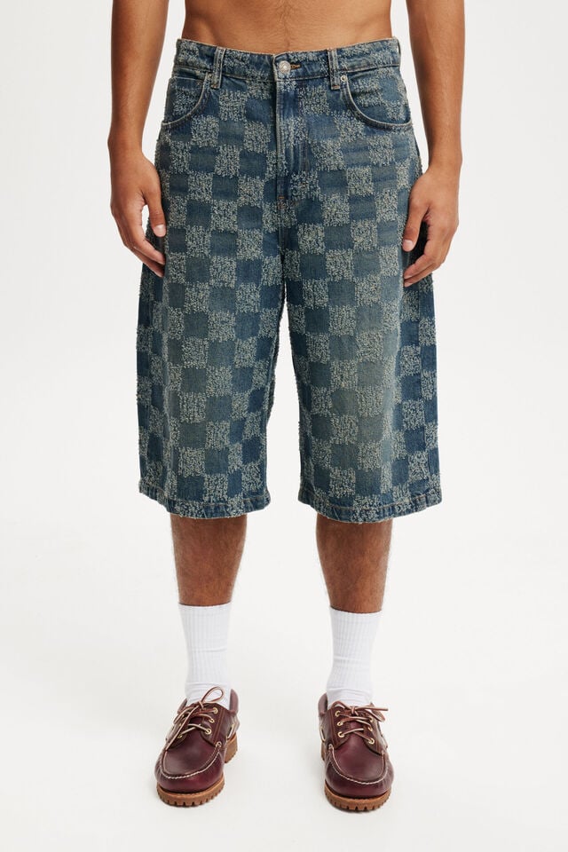 Cotton On Super Baggy Jort Check Up Blue