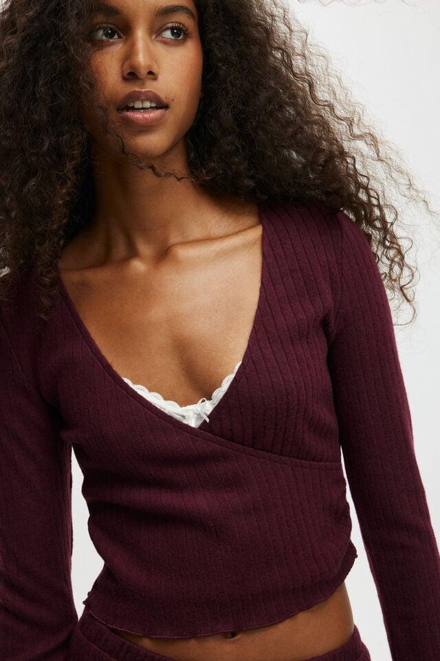 Cotton On Super Soft Ribbed Wrap Top Dark Oak